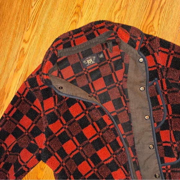 RRL Plaid Jacquard Fleece Jacket Red Multi Black Small Like New - Picture 6 of 15